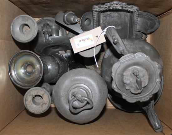 Misc pewter, inc double inkstand, 2 inkwells, soup ladle, coffee pot, pair candlesticks, single candlestick & chamberstick (9)